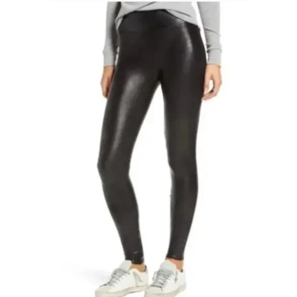 Spanx Faux Leather Tummy Shaping High Waist Compression Leggings Black Medium